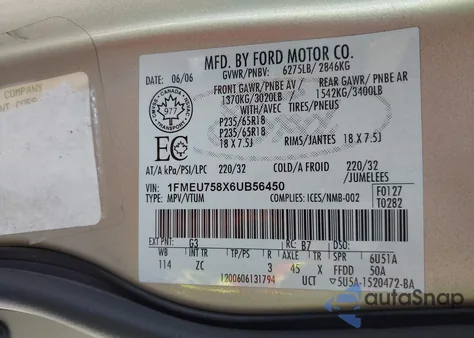 2006 Ford Explorer Limited из США, поврежденный, VIN 1FMEU758X6UB56450